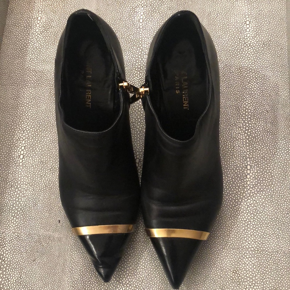 YSL Yves Saint Laurent Black Gold Leather Booties Size 38,heel 2.5 - Picture 1 of 9